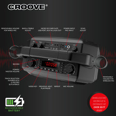 Croove Portable Karaoke Machine Party Box Rechargeable with Bluetooth/AUX/USB/SD Card Connectivity, Wireless & Wired Microphones, and Advanced Audio Controls